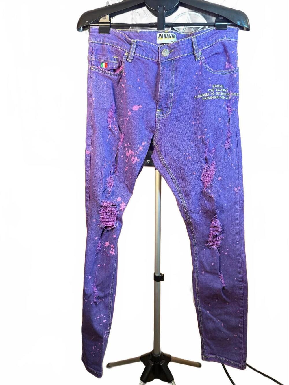 Paraval Purple Distressed Skinny Jeans with Pink Paint Splatter sz 34